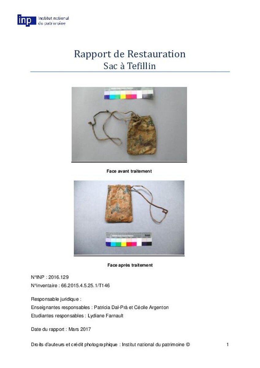 Rapport de Restauration, Sac à tefillin Inp Médiathèque numérique